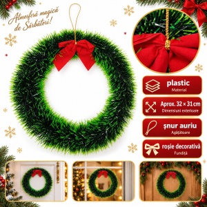 Coroniță de Crăciun din plastic cu fundiță roșie și agățătoare, 32 × 31 cm