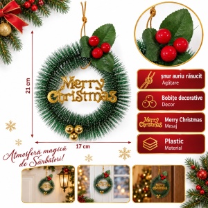 Coroniță de Crăciun Merry Christmas, verde, plastic, 15 cm, aprox. 21 × 17 cm cu decor