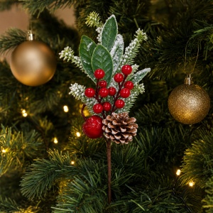 Crenguță decorativă cu con de pin, fructe roșii și efect de zăpadă, 30cm - Img 3