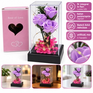 Cupolă cu trandafiri mov și LED, baterii AAA, suport negru, 20 cm înălțime, 13×6,5 cm