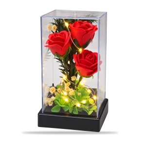 Cupolă cu trandafiri roșii și lumină LED, cu baterii AAA, suport negru, 19x6 cm - Img 2