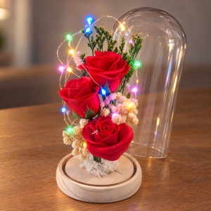 Cupolă cu trandafiri roșii și lumini LED multicolore, suport din lemn, 22 cm - Img 4
