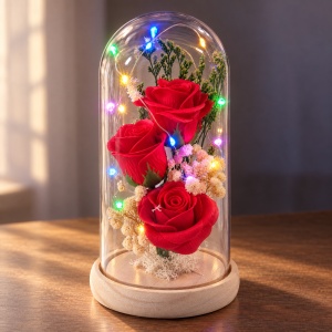 Cupolă cu trandafiri roșii și lumini LED multicolore, suport din lemn, 22 cm - Img 5