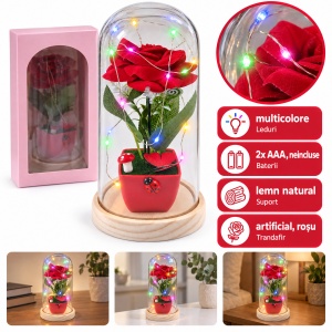 Cupolă decorativă cu trandafir roșu și leduri multicolore, suport din lemn, 20 cm - Img 5