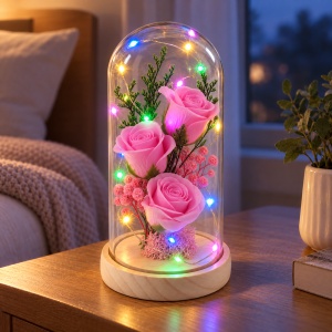 Cupolă decorativă cu trandafiri roz și lumini LED multicolore, plastic, suport lemn, 19 cm - Img 3