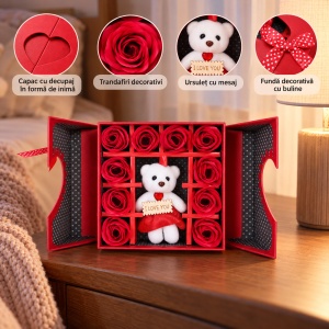 Cutie cadou cu 10 trandafiri roșii și ursuleț , rosu, cu mesaj I love You - Img 2