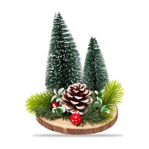 Decorațiune de Crăciun cu 2 brazi, con de pin și ciuperci, bază de lemn, 18 × 12,5 cm
