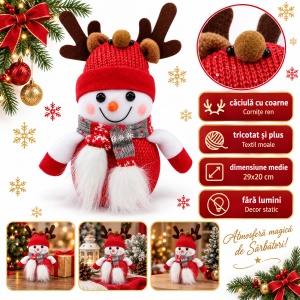 Decorațiune de Crăciun om de zăpadă cu cornițe de ren, textil și plastic, 29x20 cm - Img 2