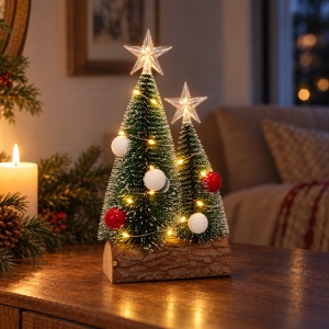 Decorațiune luminoasă de Crăciun cu 2 brăduți LED, suport lemn cu scoarță, buton ON/OFF, 29x14 cm - Img 3