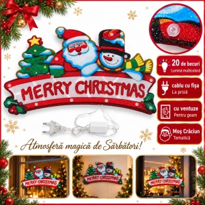 Decorațiune luminoasă de Crăciun pentru geam, Merry Christmas, 20 LED-uri, 58x35 cm