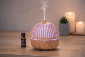 Difuzor aromaterapie cu ultrasunete, umidificator aer cu iluminare LED, design lemn, Natur - Img 2