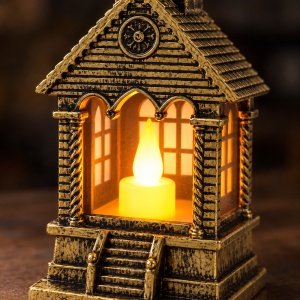 Felinar de Craciun cu Lumanare LED, Turn Biserica, Auriu Antichizat, 17,5 cm - Img 3