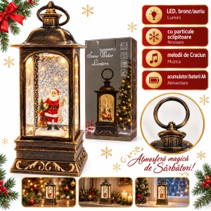 Felinar decorativ de Crăciun cu figurină Moș Crăciun, cu lumini LED si muzica, 29x14 cm - Img 2