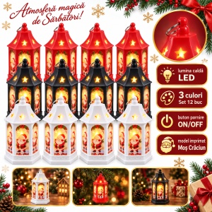 Felinar decorativ de Crăciun cu LED, model Moș Crăciun, set 12 bucăți, din plastic, 15x7,5 cm