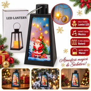 Felinar decorativ de Crăciun cu LED și muzică,din plastic, negru, 19x8,5 cm