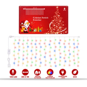 Instalație de Crăciun tip ploaie, 120 LED-uri, 3 × 1 m, exterior, fir alb, multicoloră - Img 4