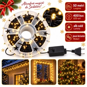 Instalatie LED de Craciun tip rola, 50m, 400 LED, lumina alb cald, fir negru