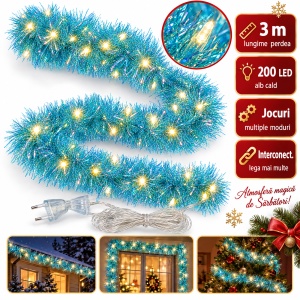 Instalație perdea, beteală albastră, 200 LED alb cald, 3 m, fir 1 m, interconectabilă - Img 2