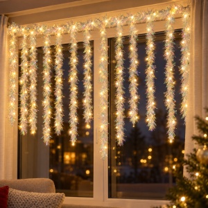 Instalație perdea cu beteală albă irizantă, 3 m, fir 1 m, 200 LED alb cald, interconectabilă - Img 2