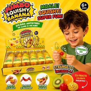 Jucărie Antistres Squishy Banană cu Fructe – Jumbo, Moale și Elastică, 6+ Ani