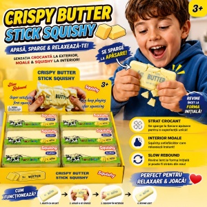 Jucărie Antistres Squishy Butter Crispy Galben 13 cm – Unt cu Strat de Ceară Crocant