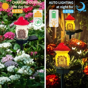 Lampă solară de grădină LED, design ciupercă, plastic rezistent, iluminare automată, roșu-galben - Img 2