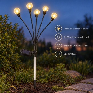 Lampă solară de grădină tip licurici, 6 LED-uri, alb cald, exterior, 38x6cm - Img 2