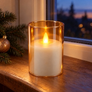 Lumânare LED decorativă în pahar de sticlă chihlimbarie, 7,5 x 10 cm, baterii AAA - Img 3