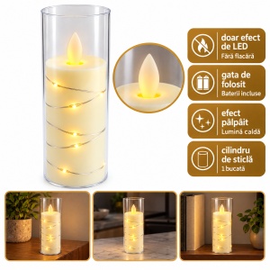 Lumânare LED decorativă în recipient tip sticlă, efect realist de flacara, 14,5 cm