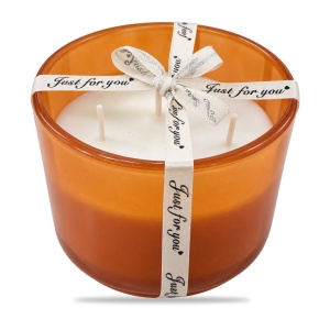 Lumânare parfumată decorativă handmade, recipient din sticlă portocalie, 3 fitile, 9,5 cm - Img 2