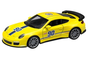 Mașinuță galbenă din metal cu uși deschise, model sport, dimensiuni 14x6.5x5.5 cm