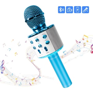 Microfon karaoke wireless Bluetooth cu difuzor, voice changer, USB si TF Card, albastru