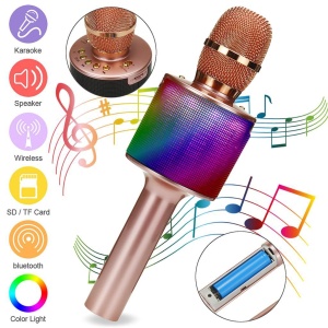 Microfon karaoke wireless cu boxa Bluetooth, lumini LED si efecte vocale, rose gold - Img 3