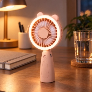 Mini ventilator de mână cu lumină LED, 3 trepte de viteză, reîncărcabil USB, bej - Img 3