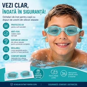 Ochelari de inot copii turcoaz reglabili cu dopuri de urechi silicon anti-fog UV - Img 2