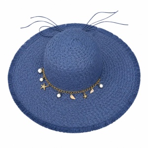 Pălărie Damă Albastru de Vară cu Bor Lat, Franjuri Decorative și Accesorii cu Perle