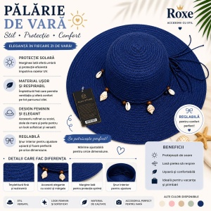 Pălărie Damă de Vară Albastru Marin cu Scoici și Mărgele Decorative – Bor Lat, Reglabilă, Protecție UV - Img 2