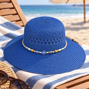 Pălărie de Plajă Albastră cu Boruri Largi și Accesoriu Decorativ - Img 3