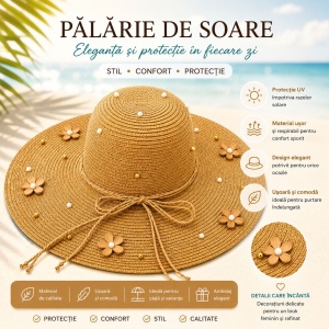 Palarie de Soare Bej cu Flori Decorative si Perlute pentru Plaja si Vacante - Img 2
