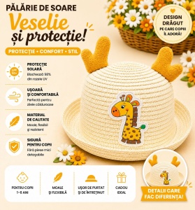Palarie de Vara Bej Deschis pentru Copii cu Girafa, Protectie UV si Design Vesel - Img 2