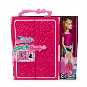 Papusa cu dressing si accesorii, set Dream Wardrobe, haine si incaltaminte incluse, roz, 32x27x6 cm