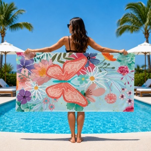 Prosop de Plajă cu Fluturi și Flori Colorate 70x140 cm – Microfibră cu Design Floral - Img 2