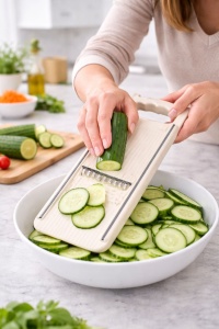 Răzătoare de bucătărie tip mandolină, plastic alb, control ergonomic - Img 3