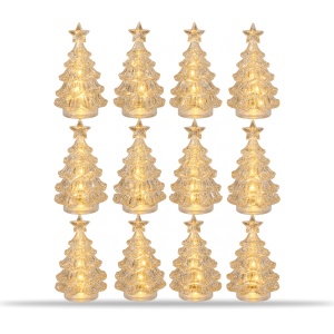 Set 12 brăduți decorativi LED de Crăciun cu sclipici auriu, din plastic, 14,5x7,5 cm - Img 2