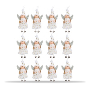 Set 12 bucăți ornamente de brad înger de Crăciun, cu clopoței, blăniță albă, 15x8 cm - Img 3