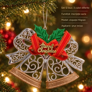 Set 12 Clopoței decorativi de Crăciun cu fundiță, ornament brad, 3 culori, plastic - Img 2