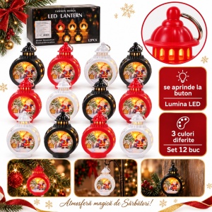 Set 12 felinare decorative cu LED de Crăciun, diferite culori, 9,5x7 cm