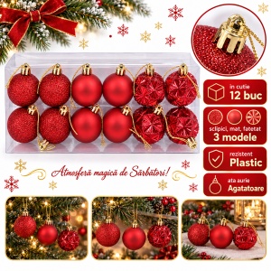 Set 12 globuri de Crăciun, roșii, 6 cm, plastic, diverse modele, agățătoare aurie