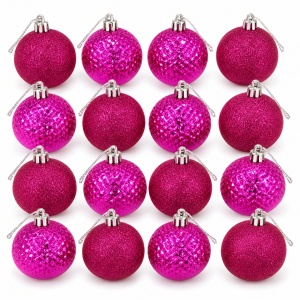 Set 16 globulețe de Crăciun roz fucsia, 2 modele, plastic, cutie 33x17 cm - Img 2