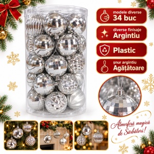 Set 34 globuri de Crăciun argintii, plastic, modele diverse, tub 44x23 cm